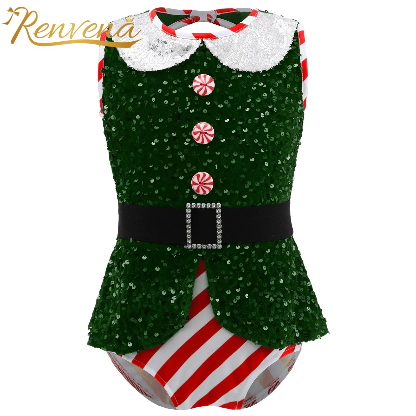 Elf Costume Christmas - 여자 반짝 이는 스팽글 점프 슈트