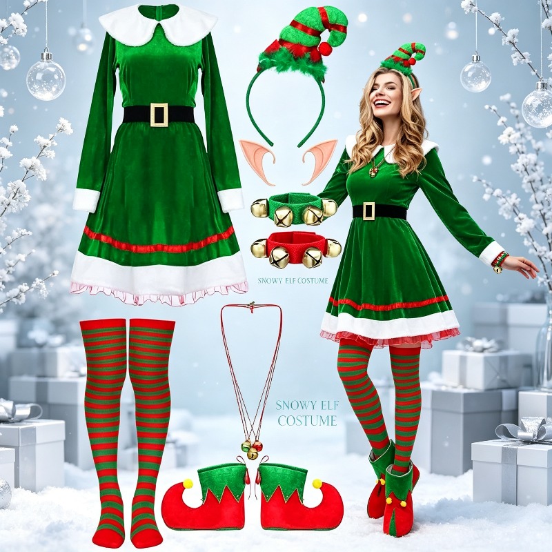 Elf Costume Christmas - 여성 크리스마스 엘프 코스튬 세트, 벨벳