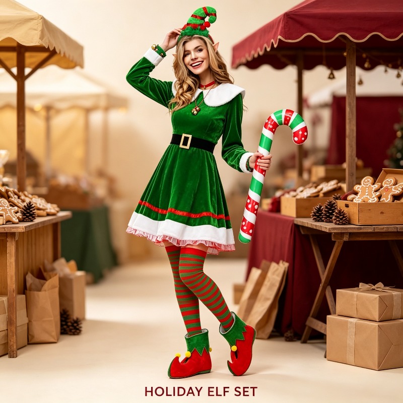 여성 크리스마스 엘프 코스튬 세트, 벨벳 드레스와 벨트 - Elf Costume Christmas 리뷰 및 가격